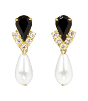 #5538JETG - Rhinestone Pear V Pearl Drop Earrings - Jet Gold Plated