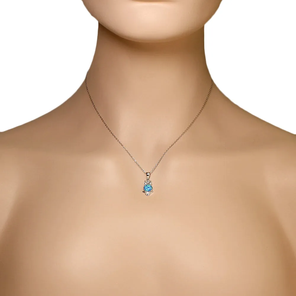 925 Sterling Silver Blue Turquoise-Tone Simulated Opal White CZ Owl Pendant Necklace