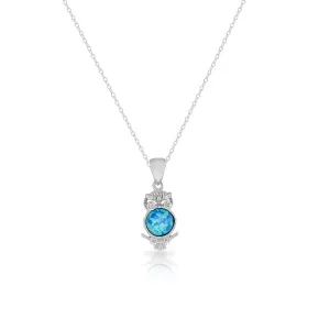 925 Sterling Silver Blue Turquoise-Tone Simulated Opal White CZ Owl Pendant Necklace
