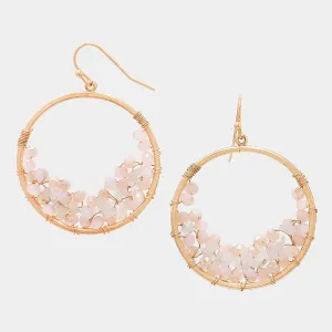 Beaded Rose Quartz Metal Hoop Earrings