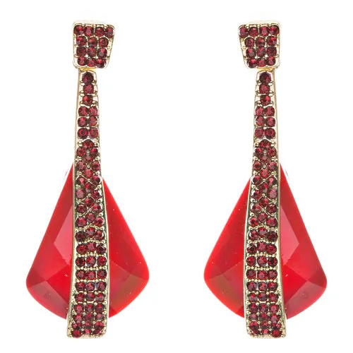 Beautiful Long Crystal Pave Accented Earrings Red