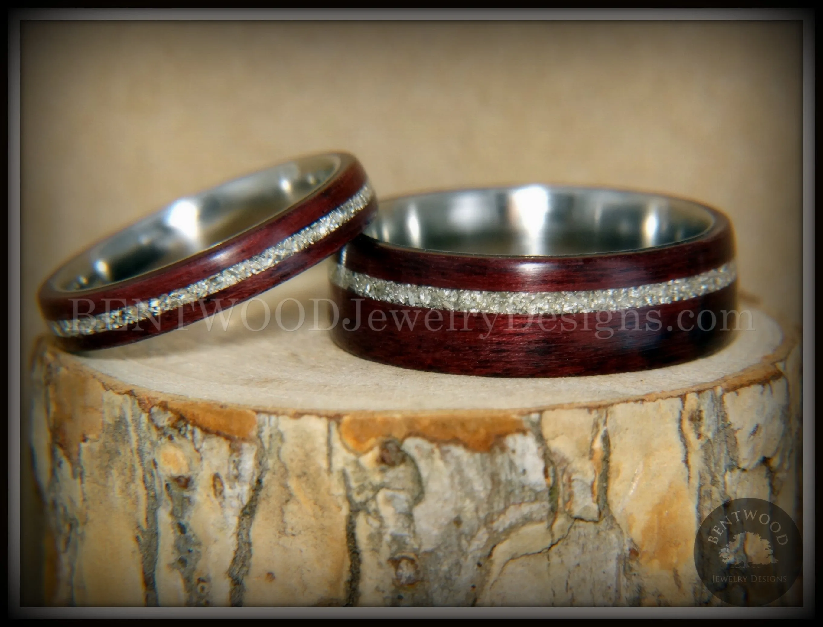 Bentwood Rings Set - "Purple Heart Pair" Purpleheart Wood with Silver Glass Inlay Titanium Cores
