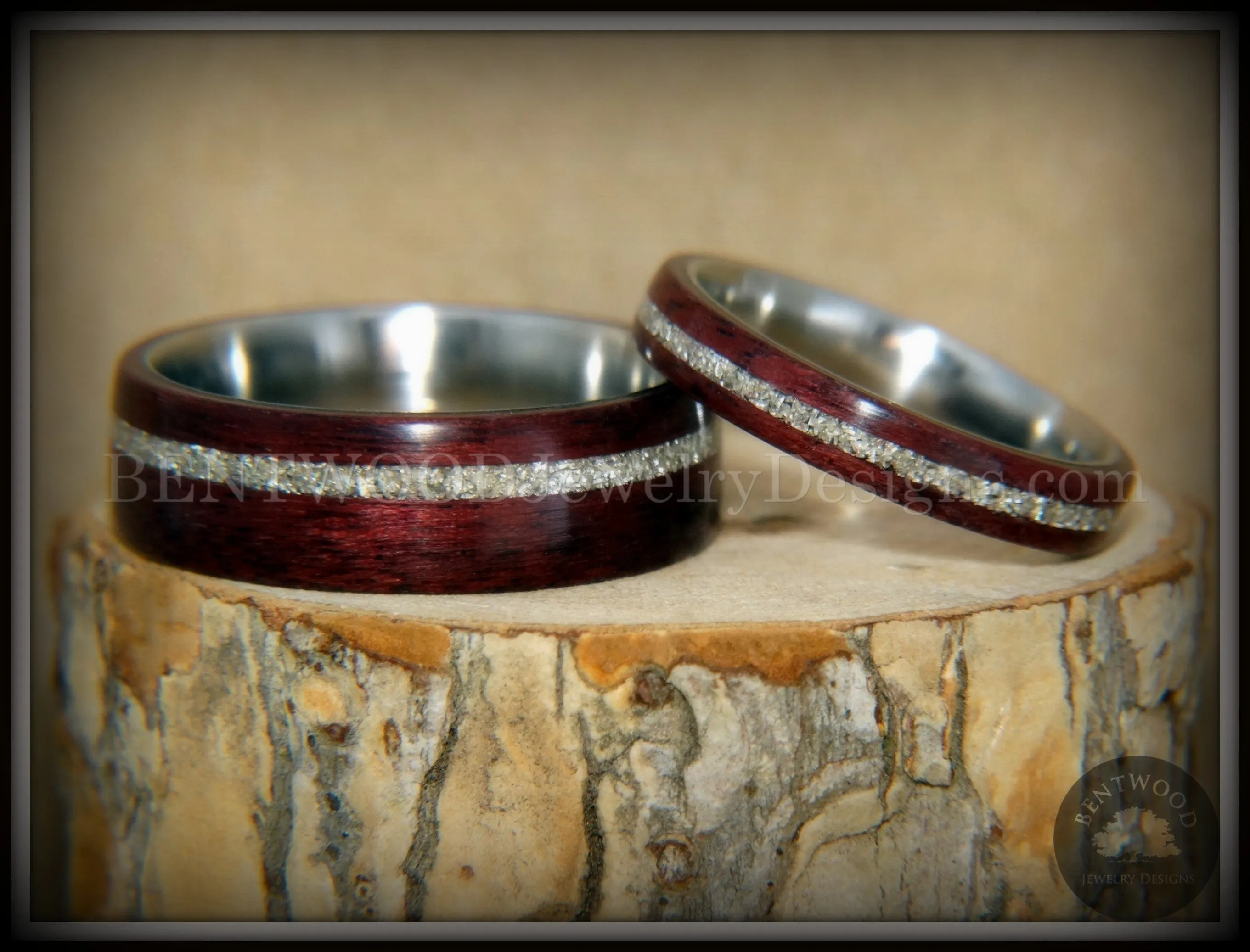 Bentwood Rings Set - "Purple Heart Pair" Purpleheart Wood with Silver Glass Inlay Titanium Cores