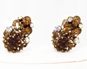 Brown Antique Style Earrings - Rich Rhinestones & Victorian Look Filigree - Amber Gold Aurora Borealis 50s Clip Ons - 1950s Western Germany