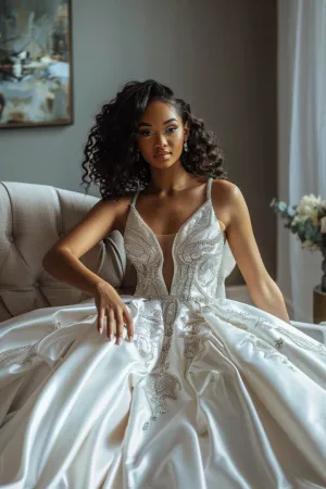 Evie  Luxurious Princess   V Neck White Ball Gown Wedding Dress