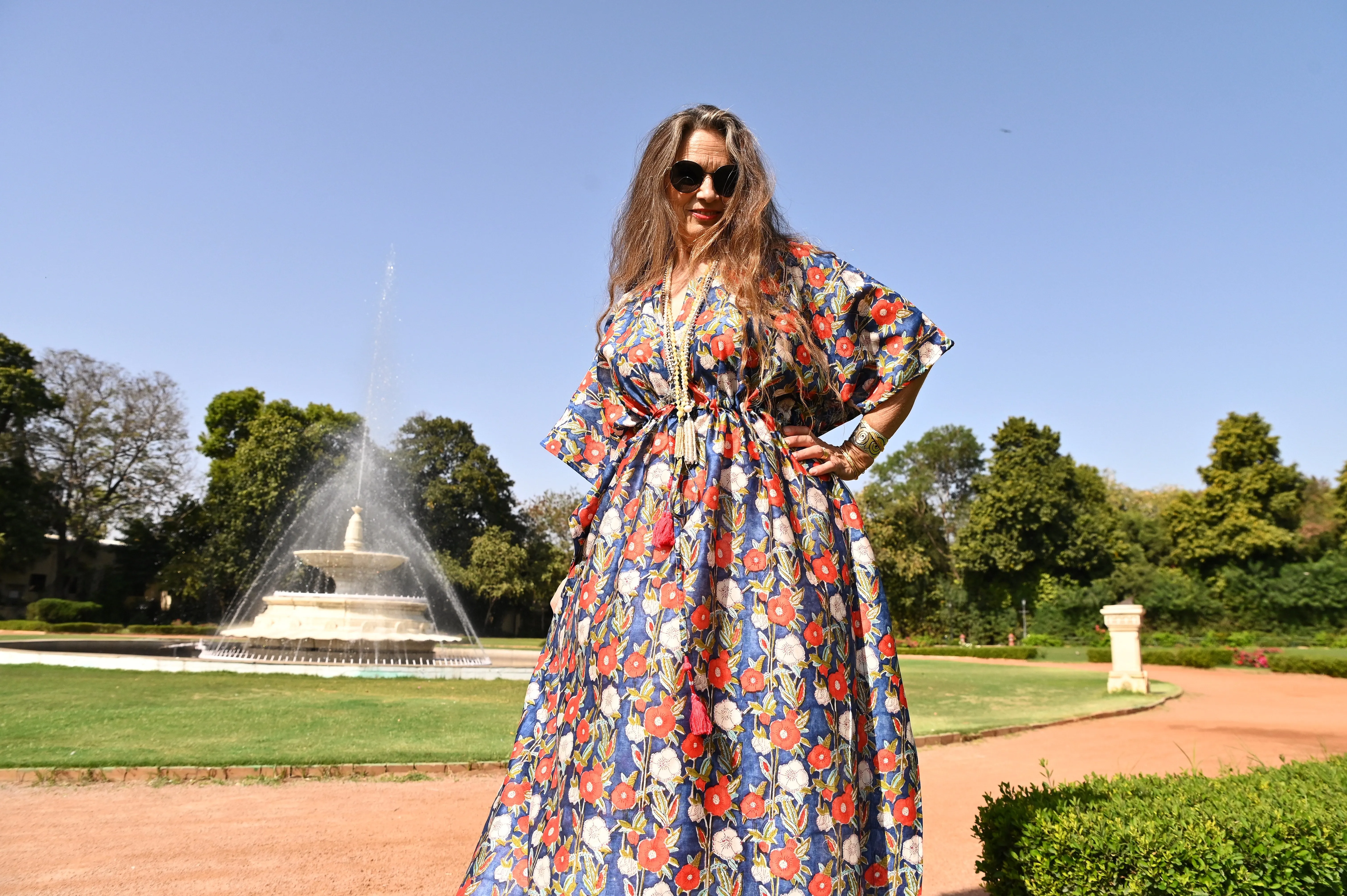 Fuji Floral Chanderi Silk Maxi Kaftan Dress Store Credit