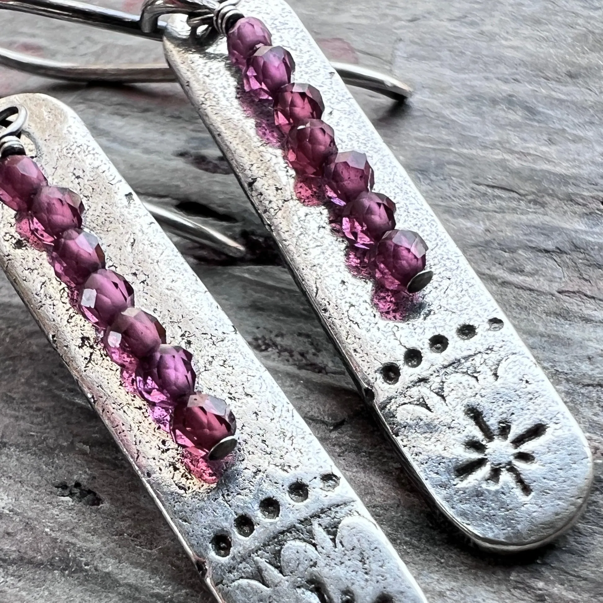 Garnet Sterling Silver Earrings | Stamped Silver and Genuine Garnet Elongated Dangles