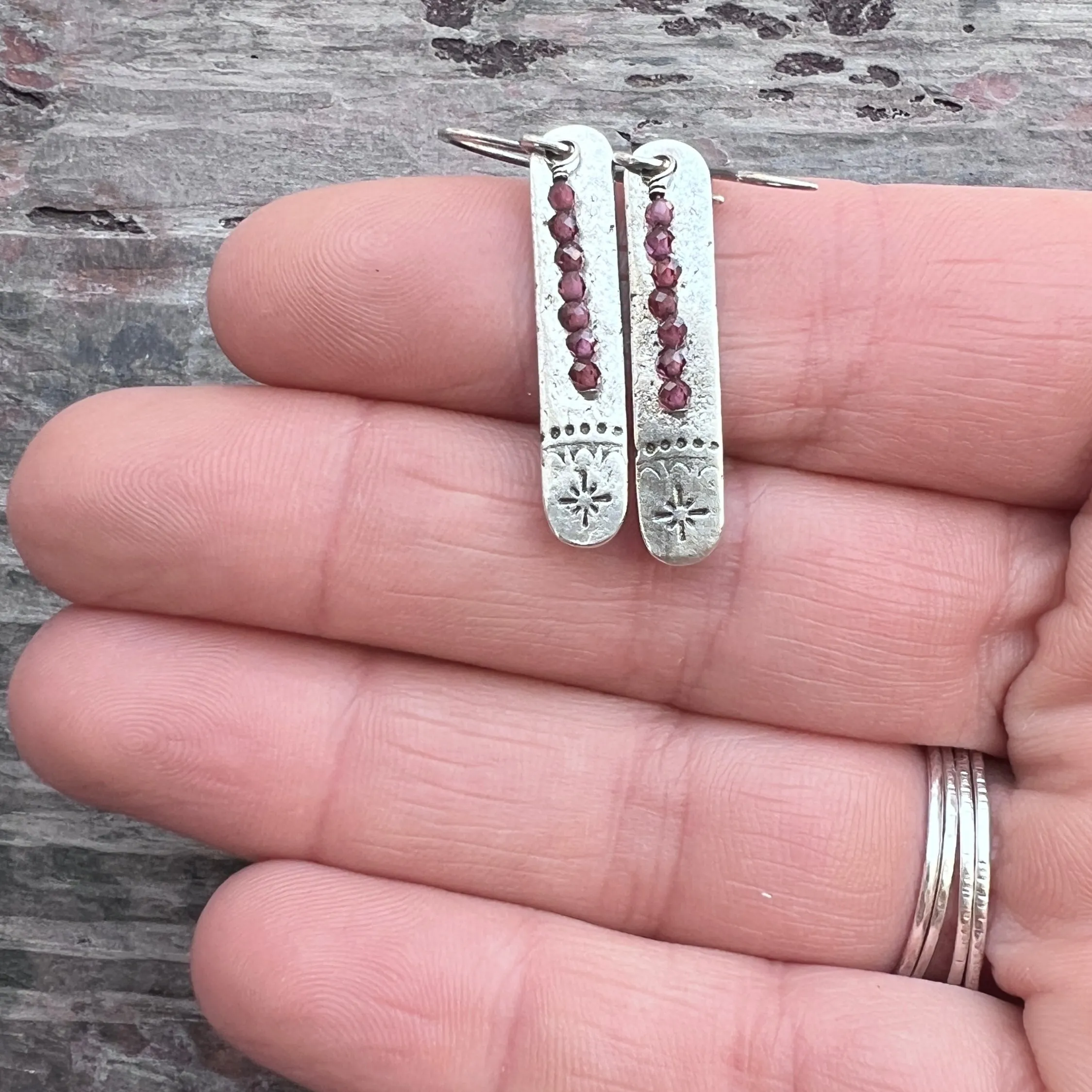 Garnet Sterling Silver Earrings | Stamped Silver and Genuine Garnet Elongated Dangles