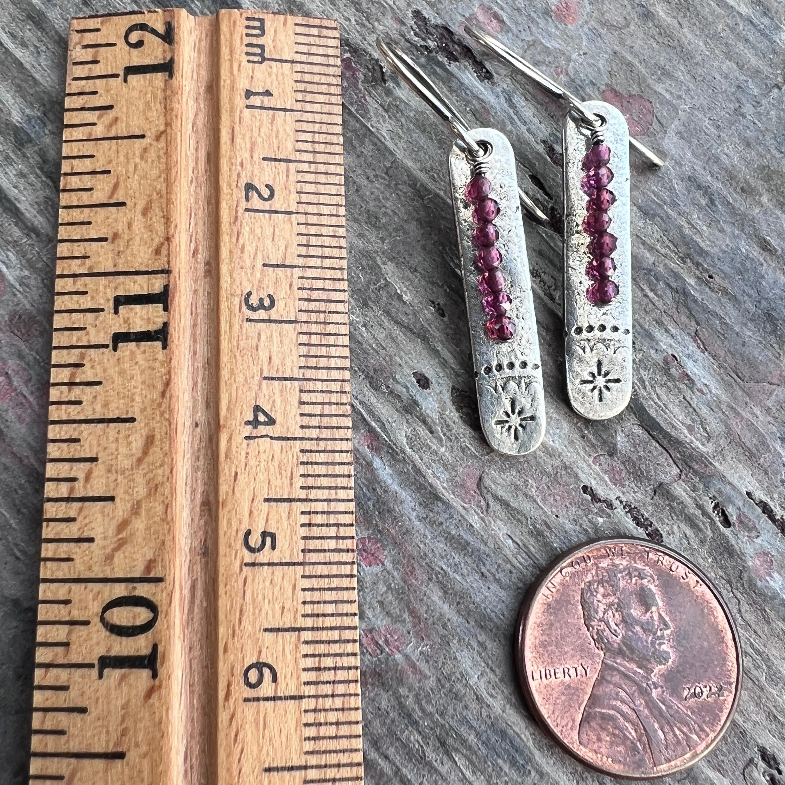 Garnet Sterling Silver Earrings | Stamped Silver and Genuine Garnet Elongated Dangles