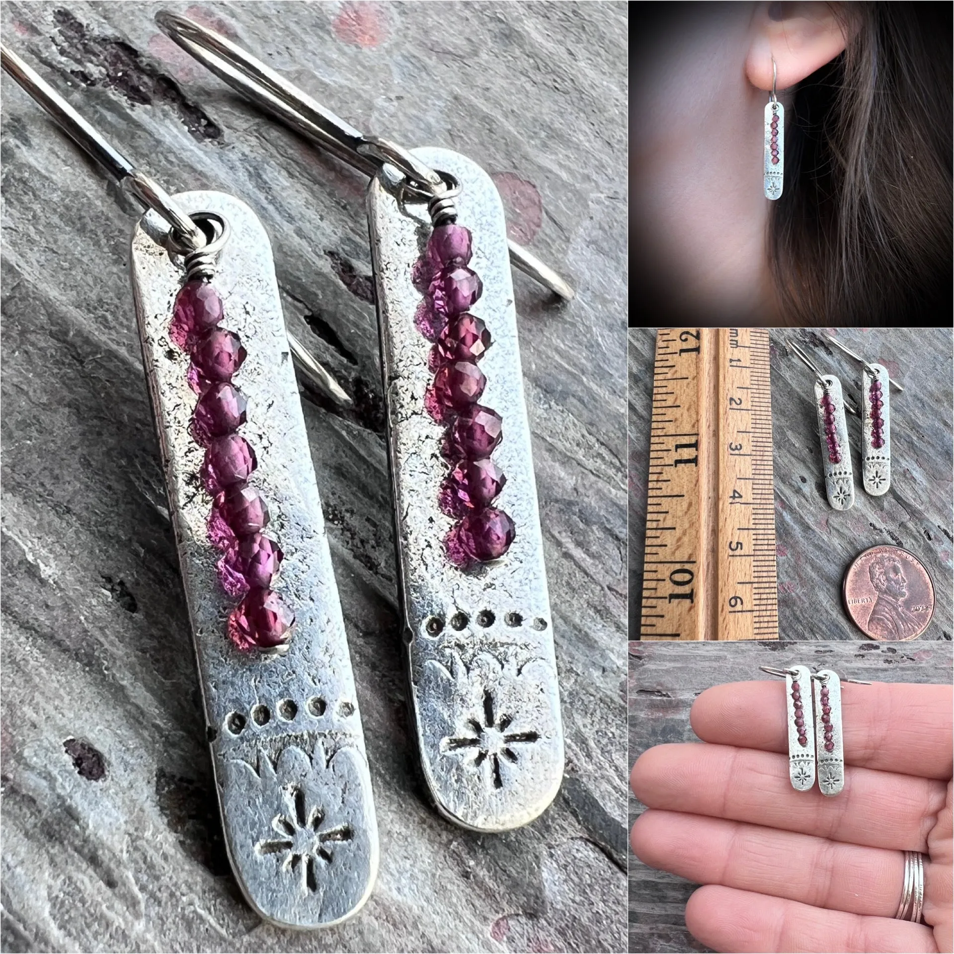 Garnet Sterling Silver Earrings | Stamped Silver and Genuine Garnet Elongated Dangles