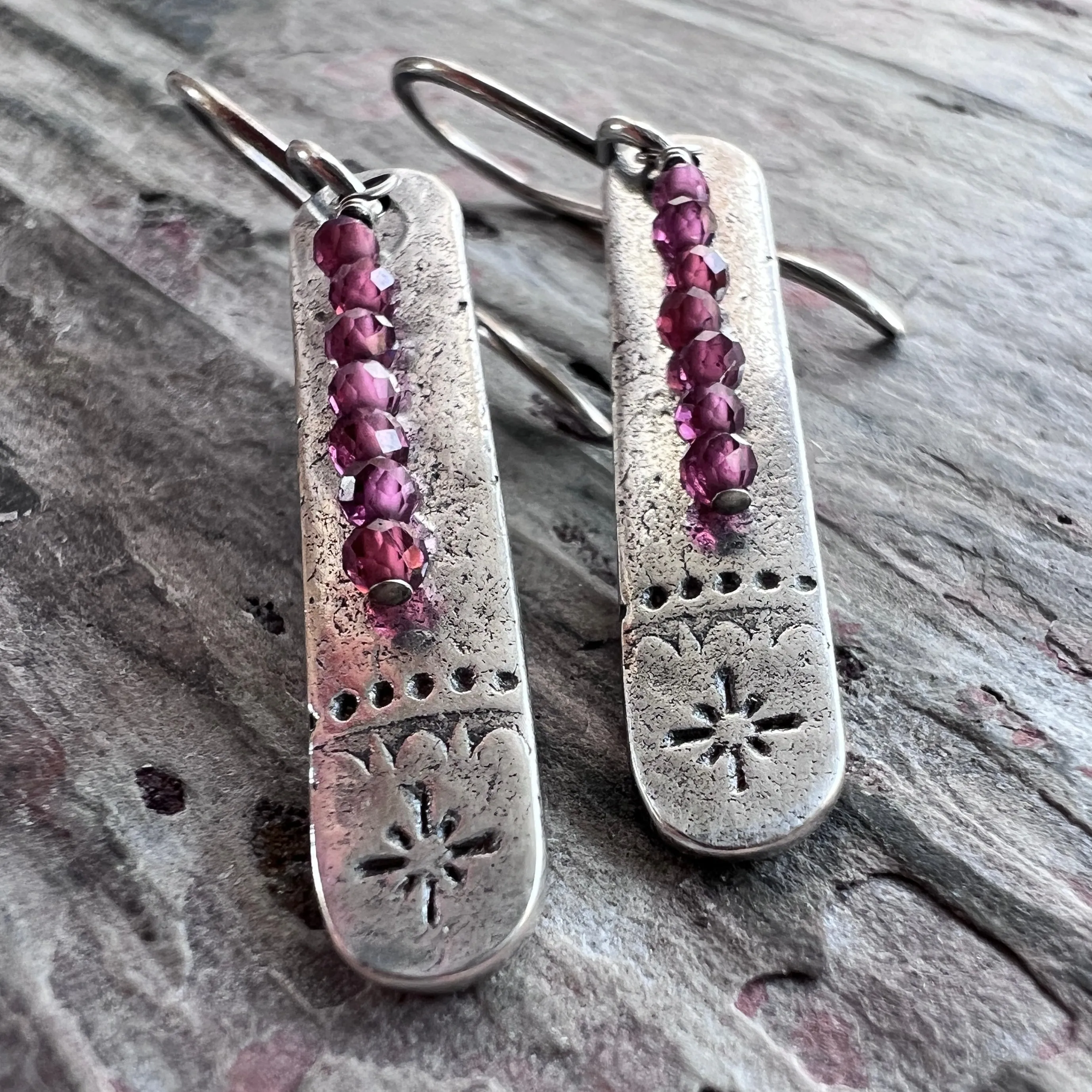 Garnet Sterling Silver Earrings | Stamped Silver and Genuine Garnet Elongated Dangles