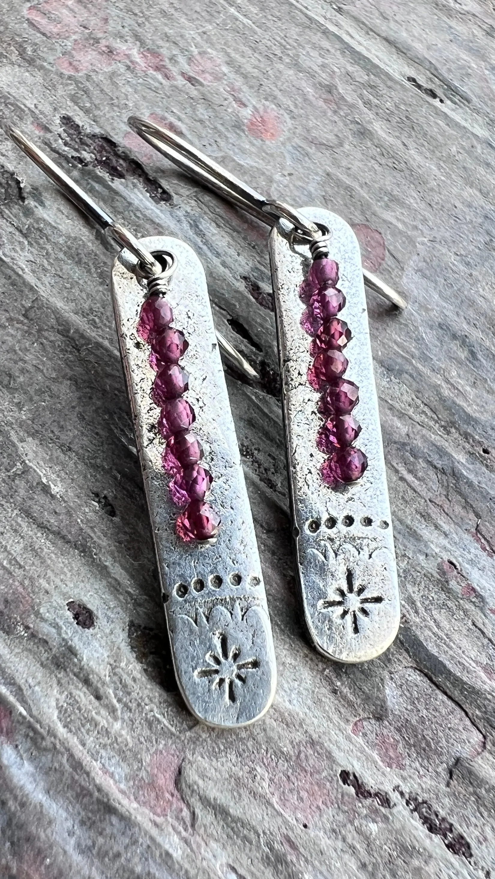 Garnet Sterling Silver Earrings | Stamped Silver and Genuine Garnet Elongated Dangles