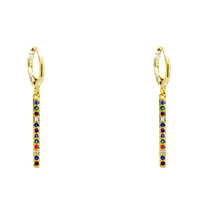 Gold Multi Color CZ Bar Dangle Earrings