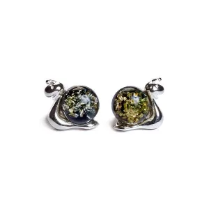 Henryka Silver and Green Amber Snail in Shell Stud Earrings