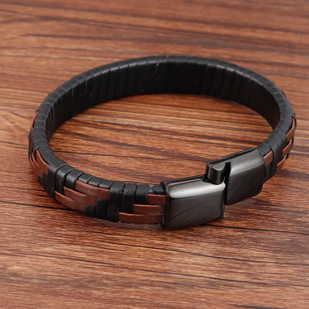 Men's Handmade Stainless Steel Bracelet 316L Black Genuine Leather Leather Bracelet Magnet Clasp Vintage Jewelry