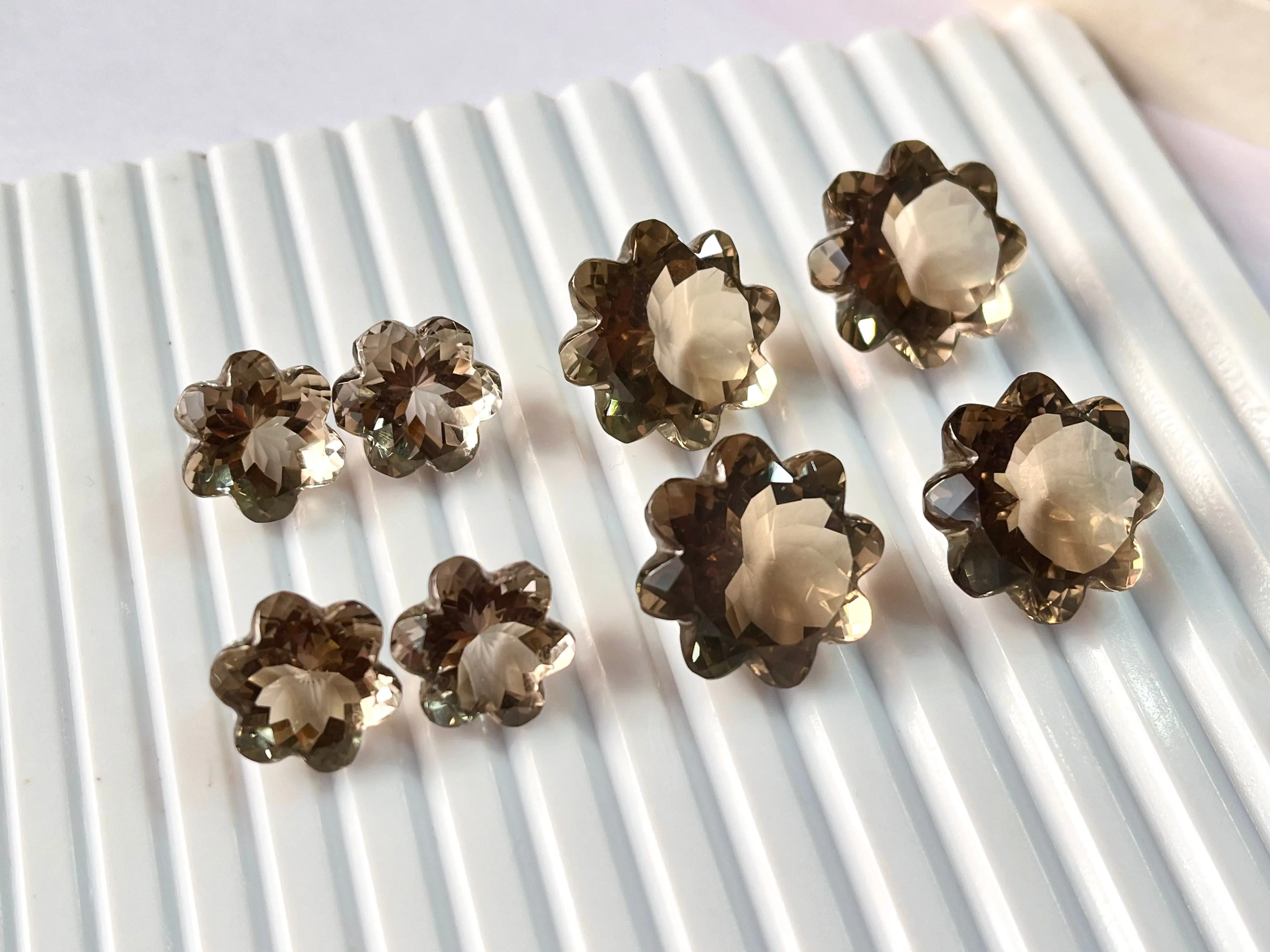Natural Smoky Quartz Flower Shape Loose Cut Stone Pair