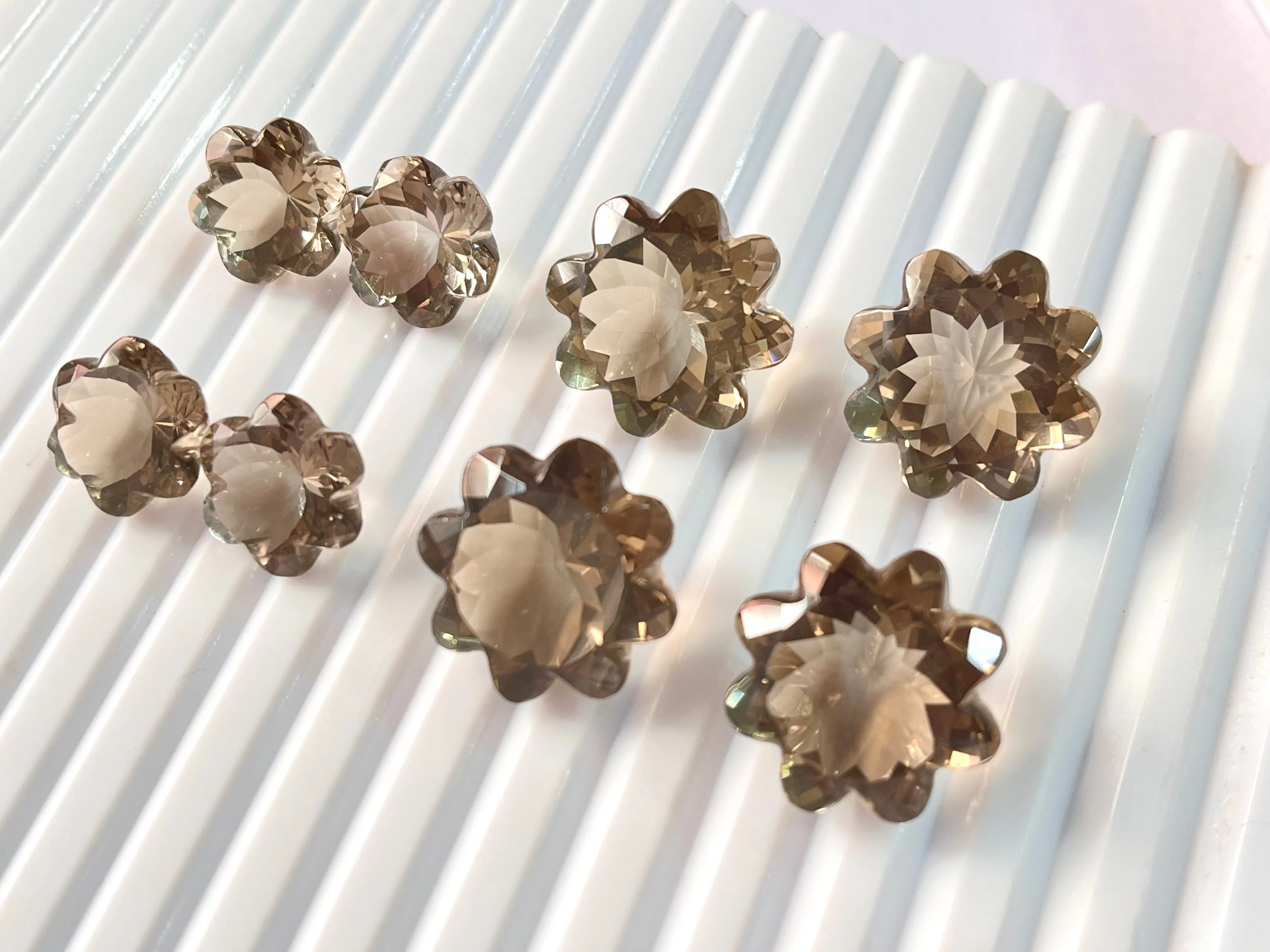 Natural Smoky Quartz Flower Shape Loose Cut Stone Pair