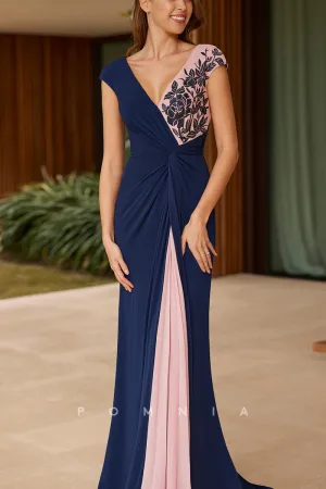 P9144 - Elegant Mermaid V-Neck Appliuques Pleated Long Cocktail Dress Wedding Guest Dress