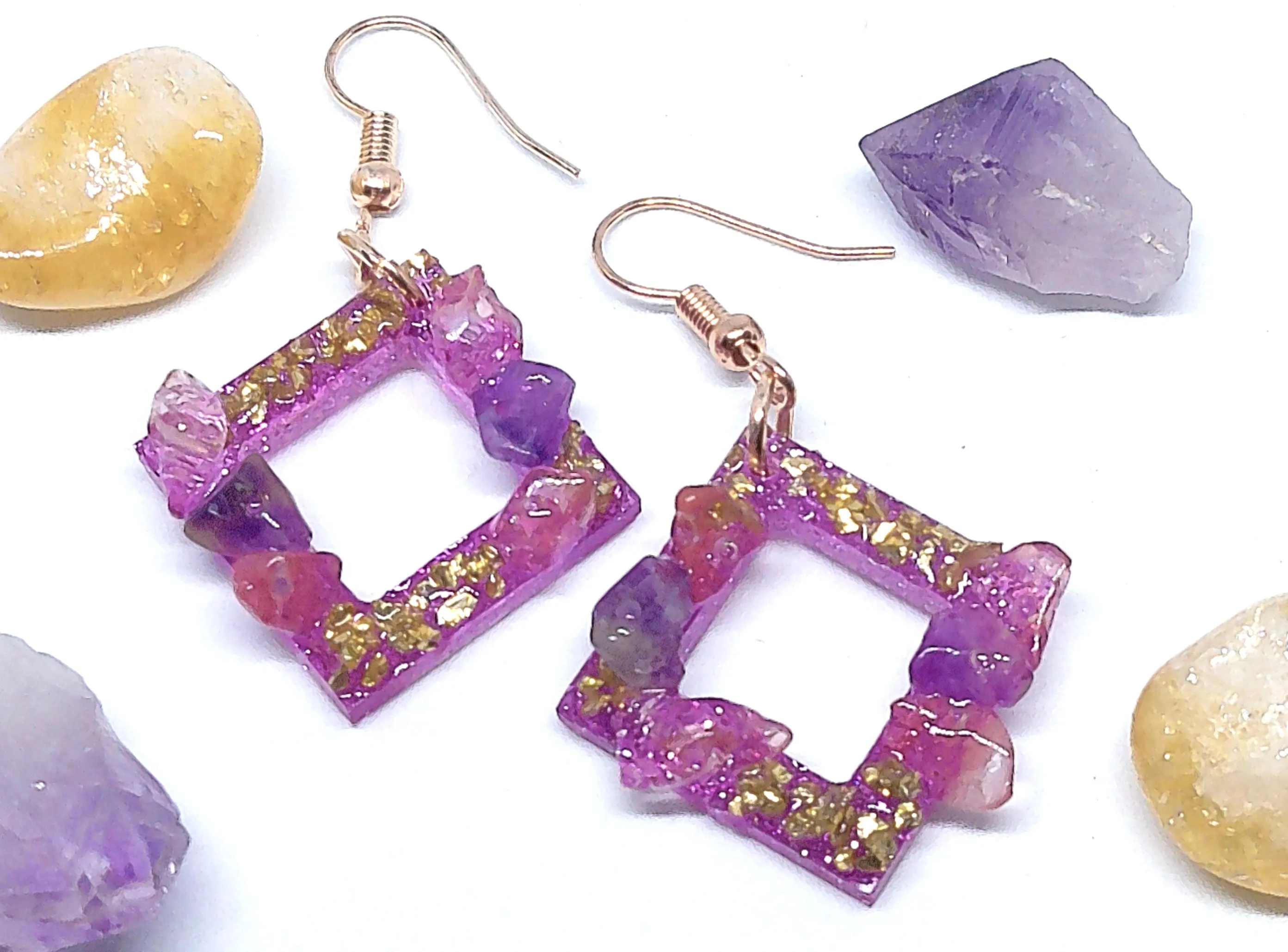 Pink Diamond Shape Earrings with Natural Stones