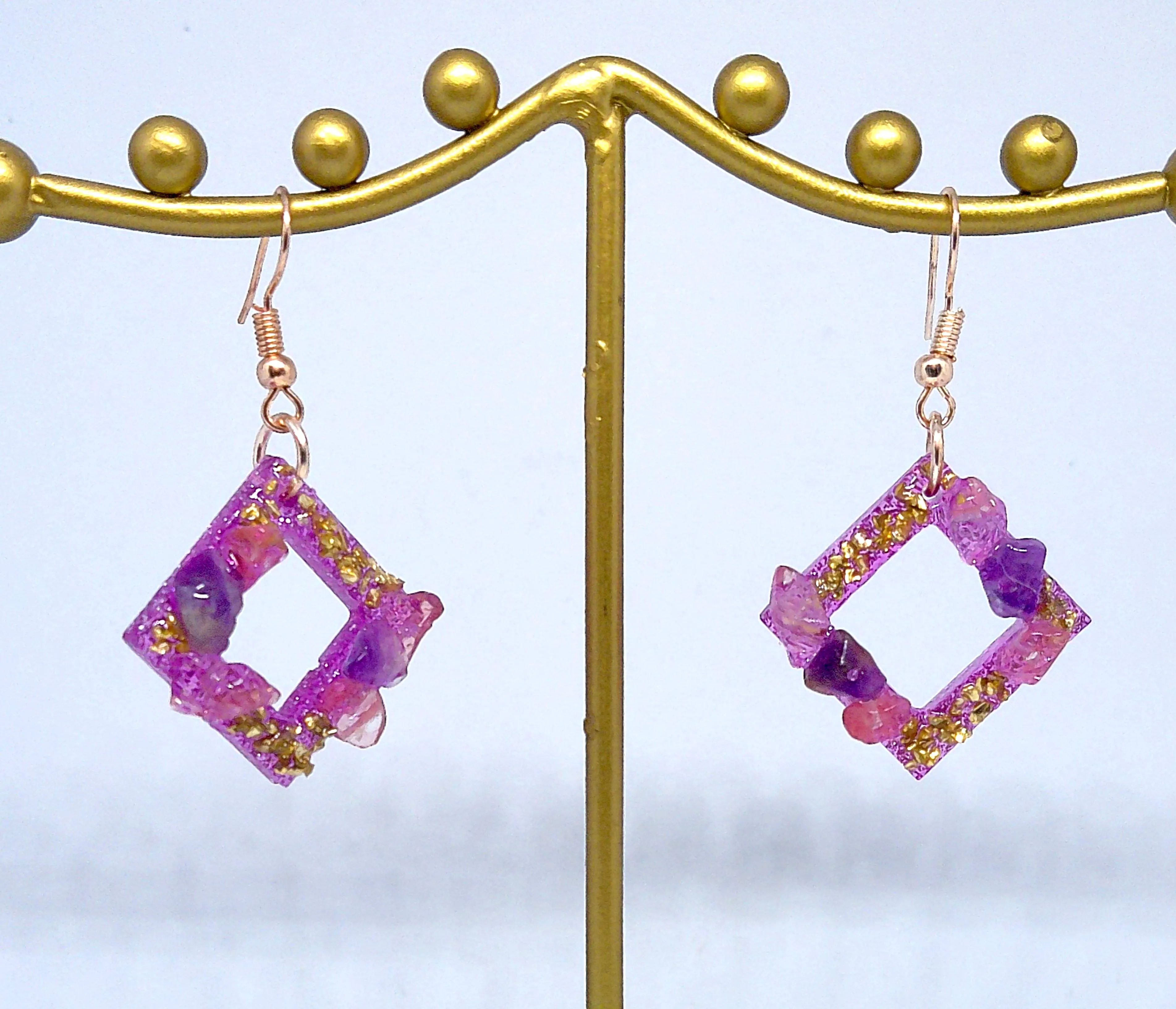 Pink Diamond Shape Earrings with Natural Stones