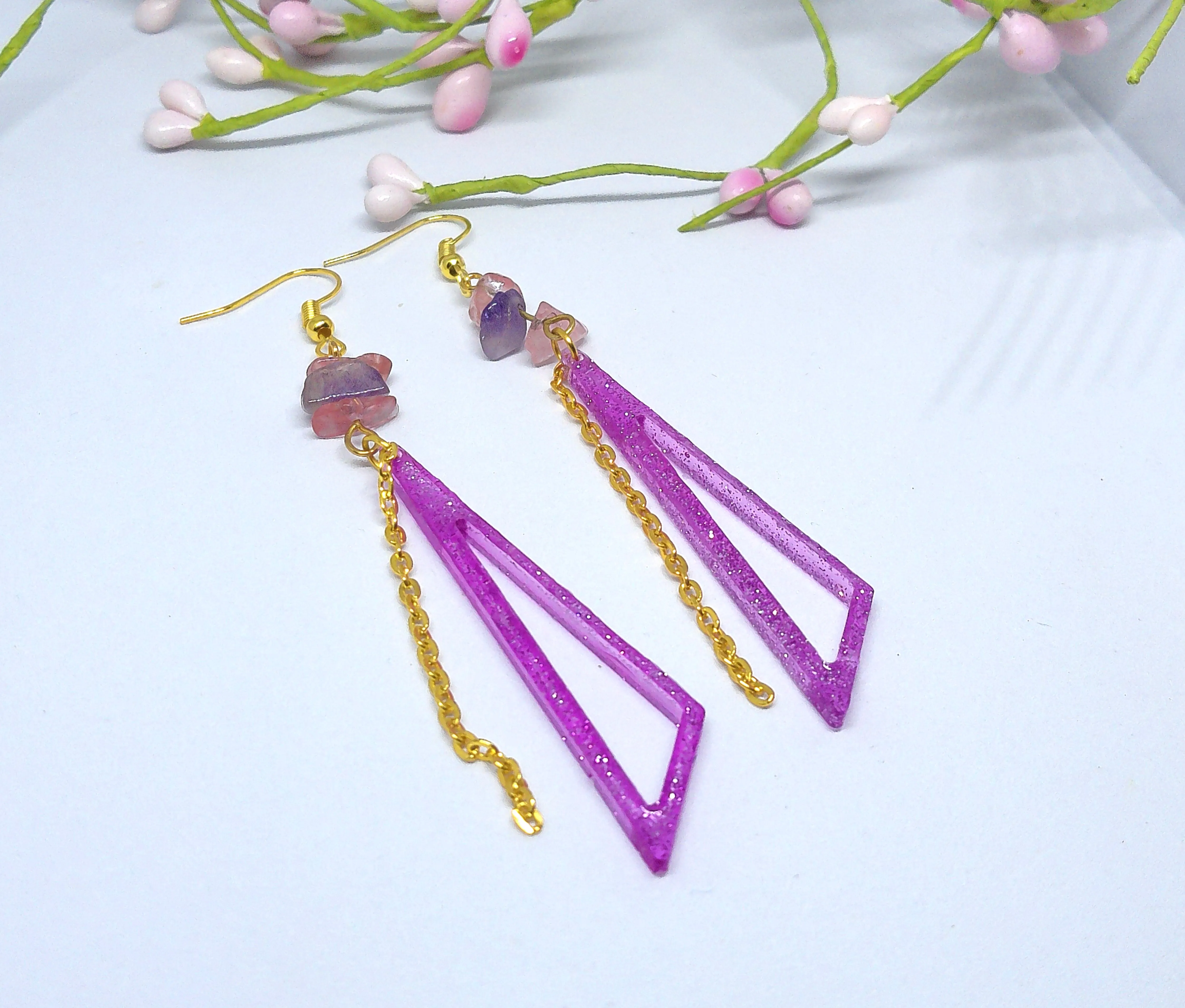 Purple and Pink Skinny Triangle Earrings