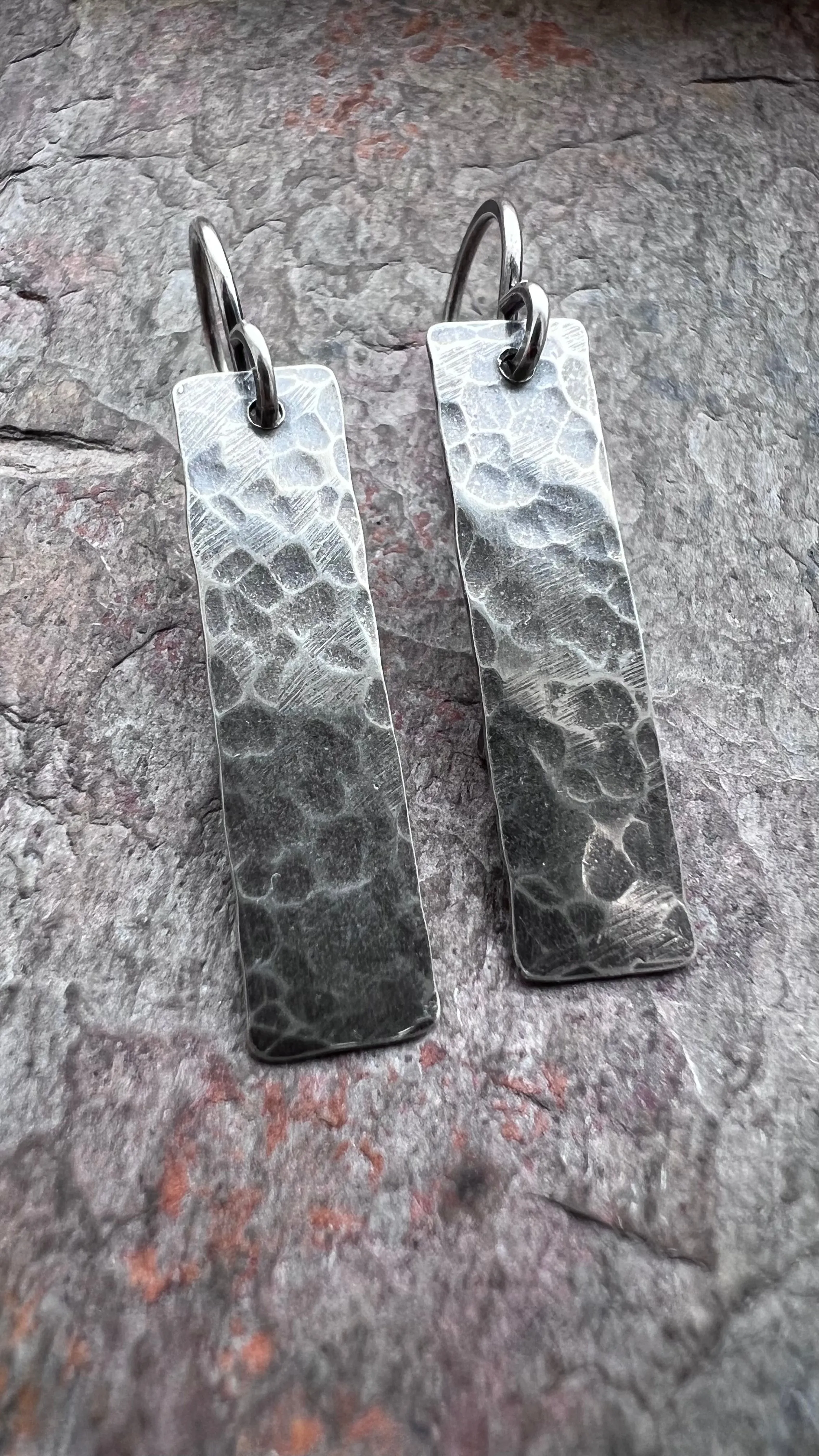 Rectangular Sterling Silver Earrings | Simple Hammered Silver Bar Dangle Everyday Earrings Handmade Jewelry