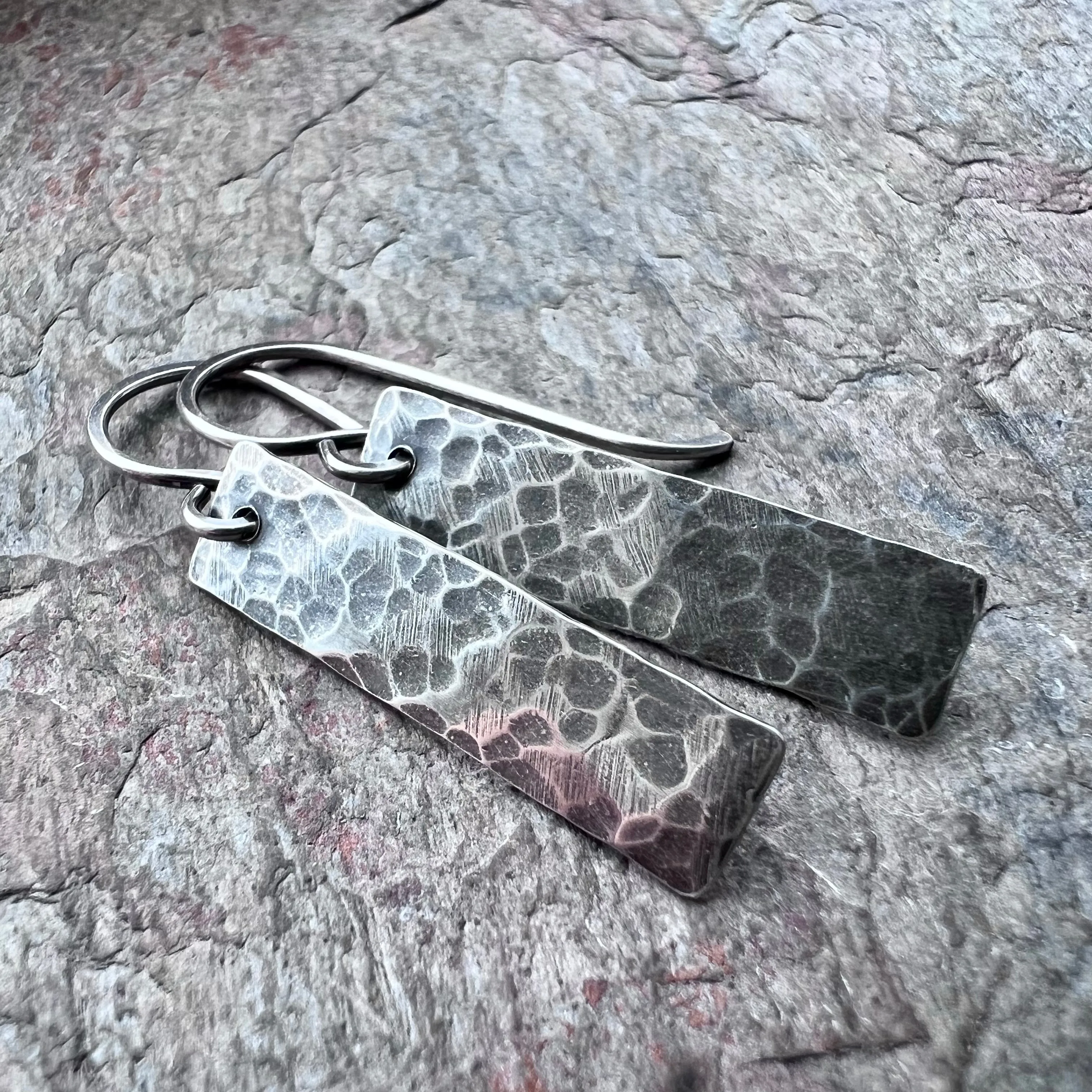 Rectangular Sterling Silver Earrings | Simple Hammered Silver Bar Dangle Everyday Earrings Handmade Jewelry