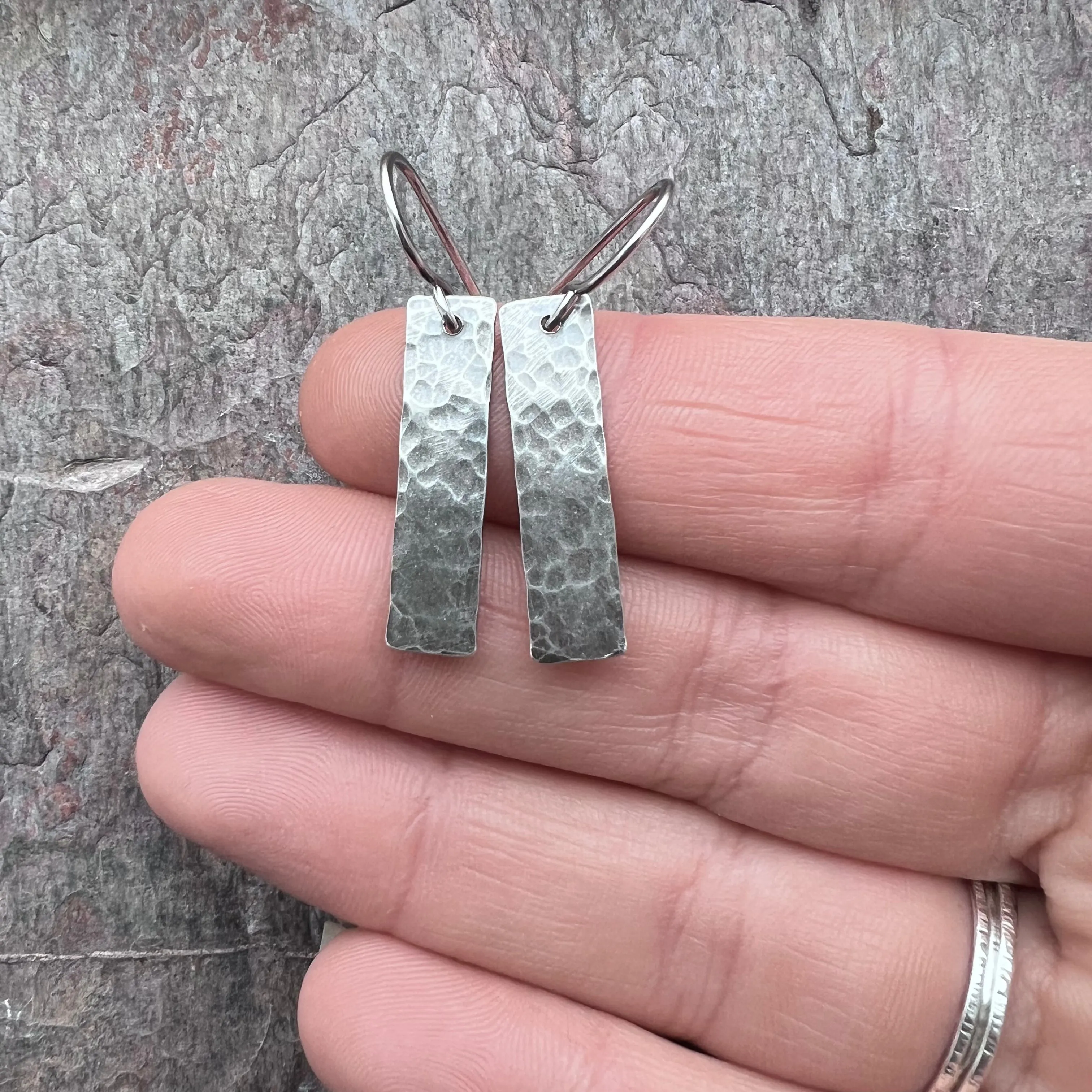 Rectangular Sterling Silver Earrings | Simple Hammered Silver Bar Dangle Everyday Earrings Handmade Jewelry