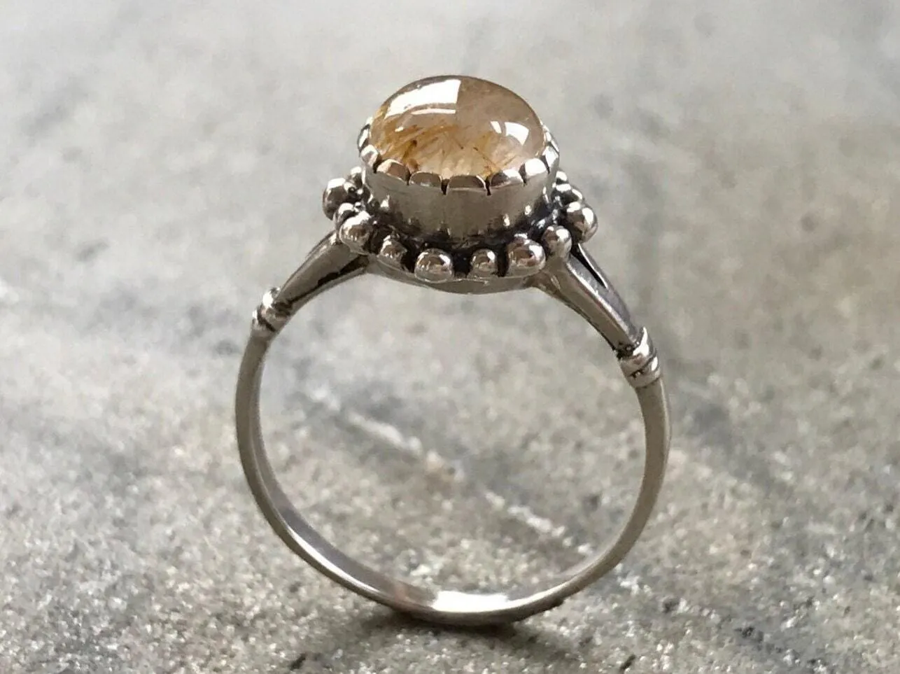 Rutilated Quartz Ring - Yellow Flower Ring - Quartz Vintage Ring