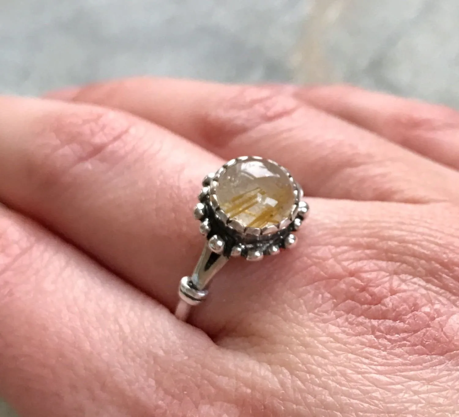 Rutilated Quartz Ring - Yellow Flower Ring - Quartz Vintage Ring