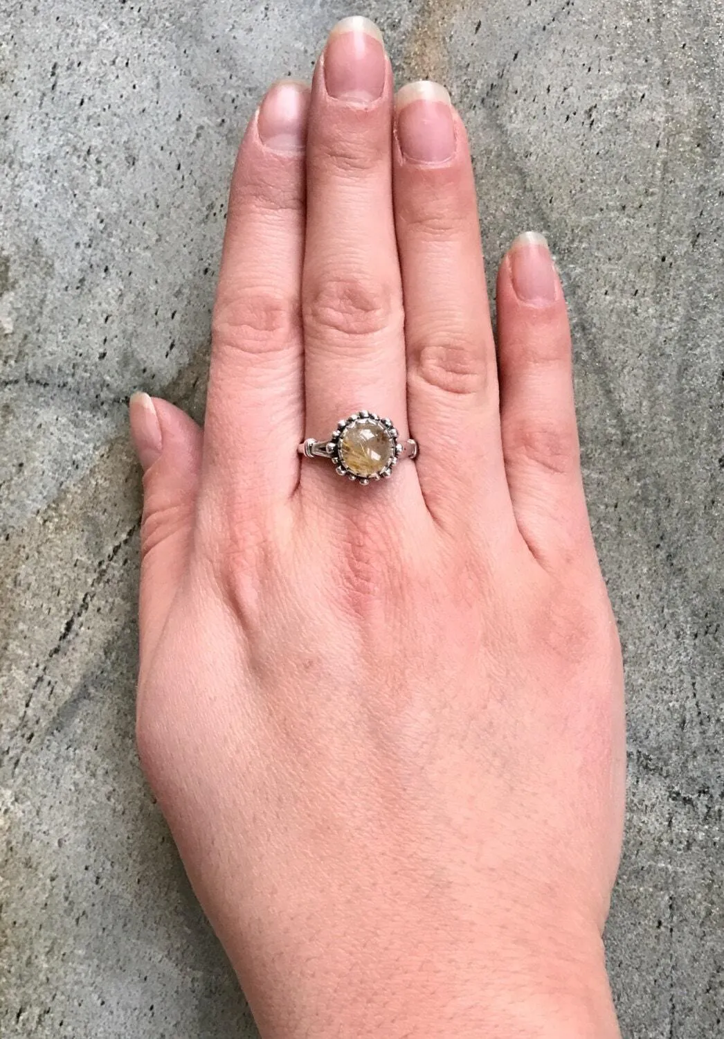 Rutilated Quartz Ring - Yellow Flower Ring - Quartz Vintage Ring