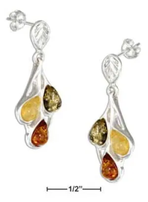 Sterling Silver Green Amber, Yellow Amber, and Honey Amber Teardrop Earrings