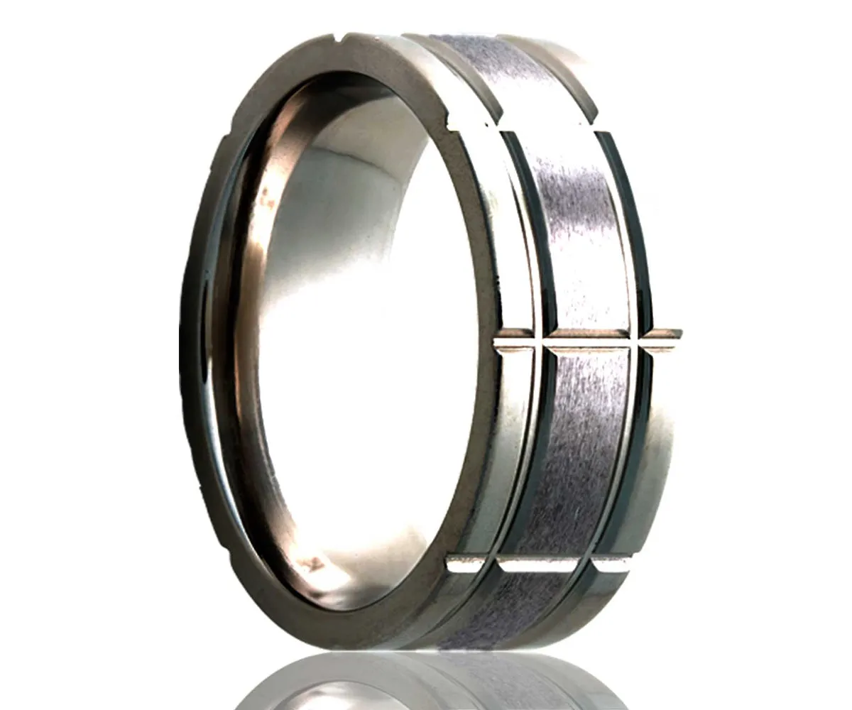 Titanium Flat Wide Intersecting Grooves Satin Milled Ring