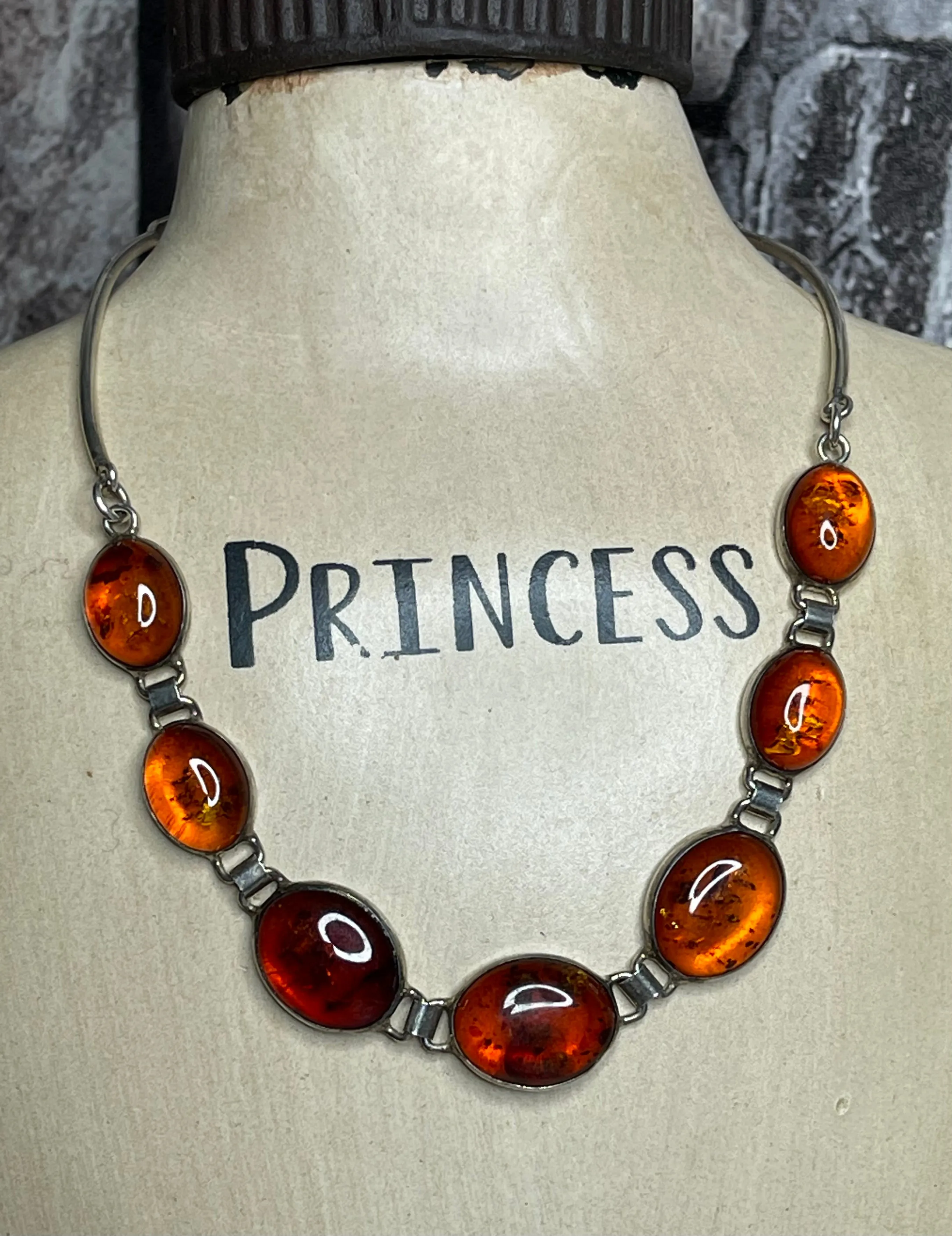 Vintage Amber Sterling Silver Cabochon Necklace
