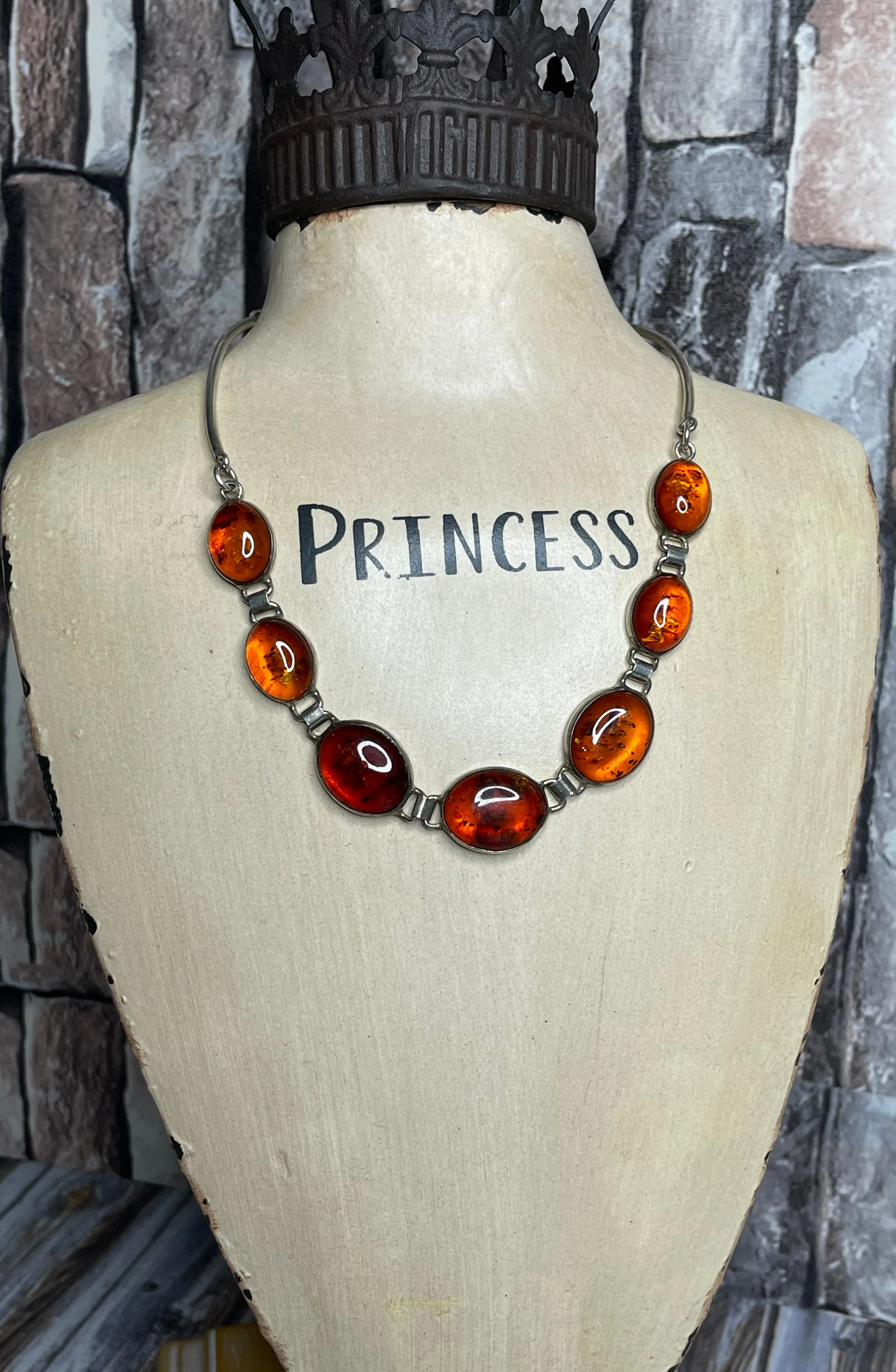 Vintage Amber Sterling Silver Cabochon Necklace