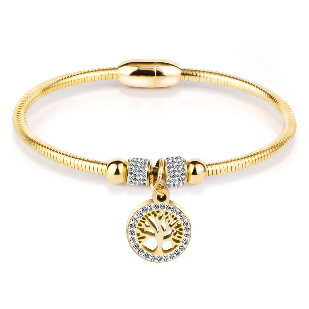 Women's Diamond-Encrusted Life Tree Titanium Steel Bracelet